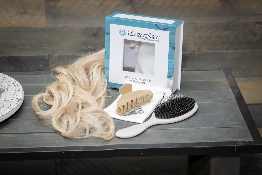 package including hair extension, claw clip, partition tool and hair brush. 