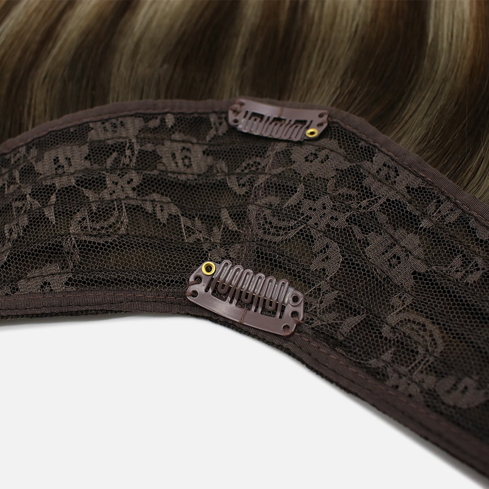 hair extension rooted neutral brown with bright blonde highlights