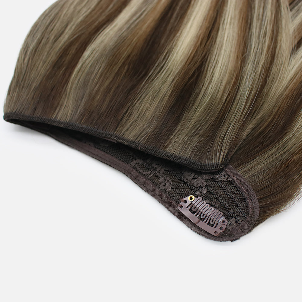 hair extension rooted neutral brown with bright blonde highlights